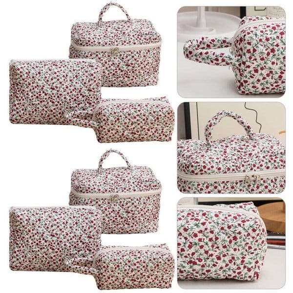 3Pcs Floral Travel Makeup Pouch Cotton Quilted Cosmetic Organizer Case Large Capacity Skincare Bag with Zipper for Women Girls Y260206