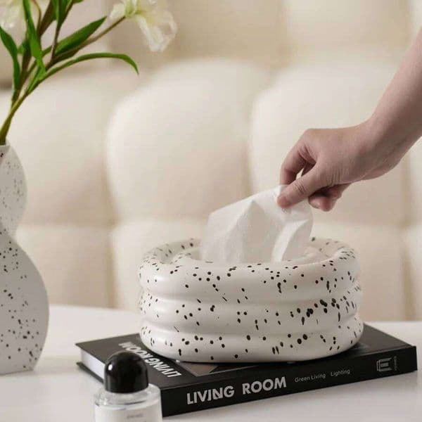 Creamy-style Ceramic Tissue Box with Circular Design, Desktop Storage Organizer, Creative Home Decor for Coffee Tabl 26W0206