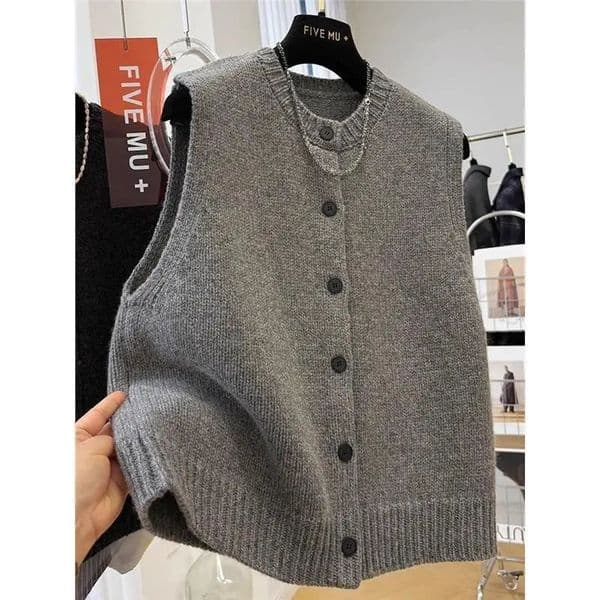 Women Sweater Vests Casual Loose Basics Solid Buttons Knitwear Sleeveless Female Bottom Sweater Vintage Simple Tank Tops 260122
