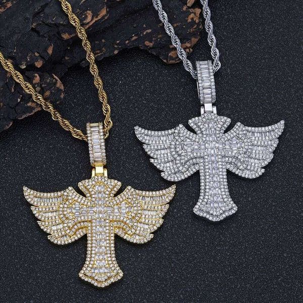 Best-selling necklace in Europe and America cross wings design inlaid with synthetic zircon popular alloy pendant