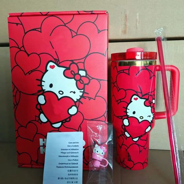 40 OZ Valentines Day Tumblers Pink Red Heart Cute Kitty Cups Stainless Steel Insulated Travel Car Mugs Large Sports Water Bottles With Straw Topper In Gifts Box