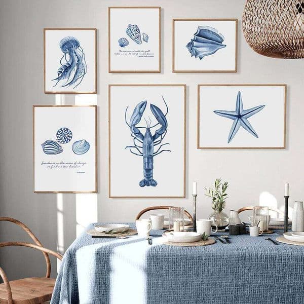 Watercolor Blue Coastal Sea Creatures Posters Prints Octopus Conch Jellyfish Wall Art Canvas Painting Kids Room Home Decor 26Y0207