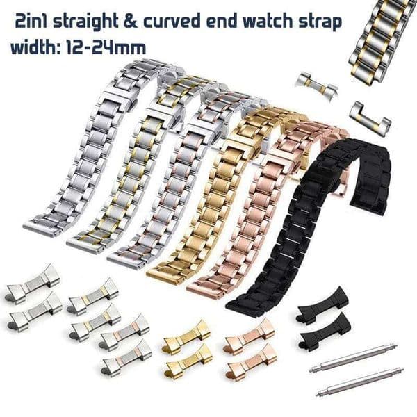 12 14 15 16 17 18mm 19 20 21 22mm 23 24mm Watchband 2-in-1 Flat Curved End Stainless Steel Metal Watch Band Wrist Strap Belt Z260207