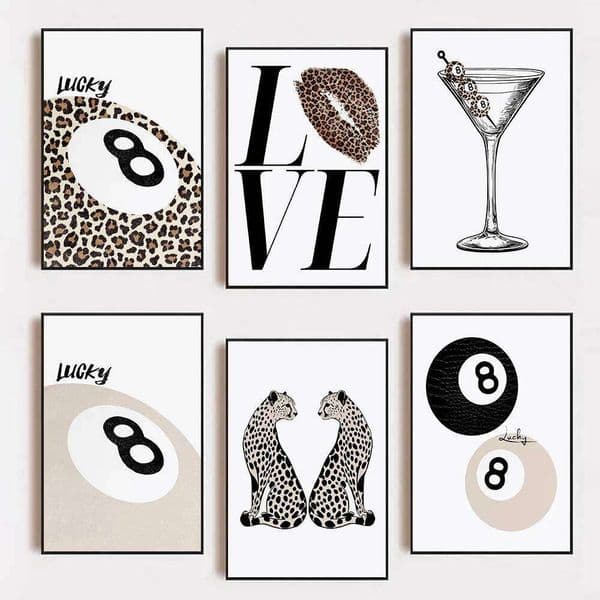 Funky Dirty Martini Cocktail & Leopard Lucky No.8 Ball Lipstick Kiss Poster Canvas Painting Wall Art Pictures Home Bar Decor No frame 26W0207