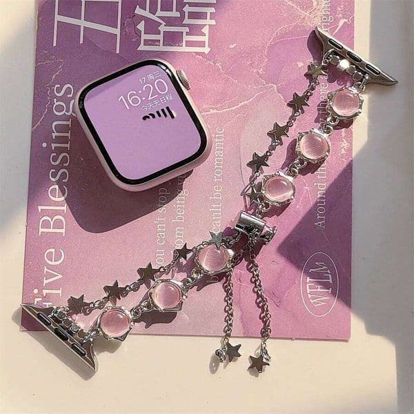 Pink Cat's Eye Stone Bracelet Strap Compatible with Apple Watch Series 9 8 7 6 5 4 3 2 1, Cute Women Handmade Beaded Stra Z260207