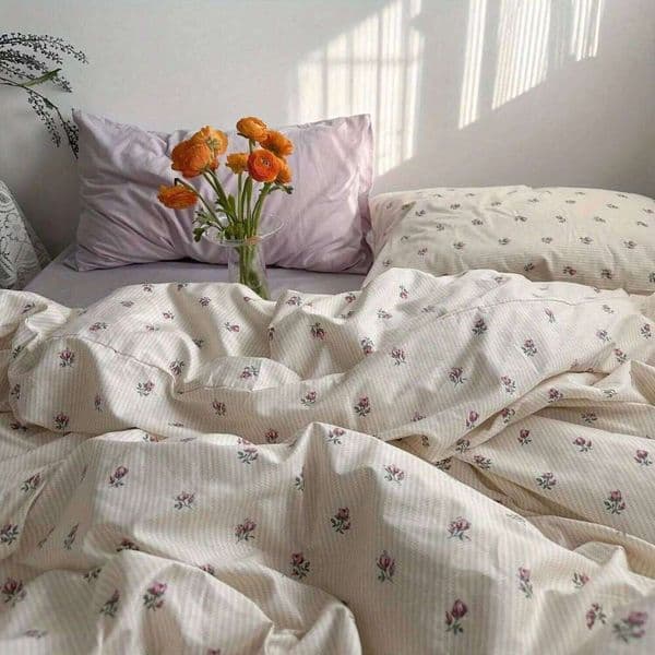 Ins Korean Pastoral Flower Bedding Set Purple Flat Sheet Pillowcase Twin Full Queen Size Bed Linen Women Girls Duvet Cover XJ260206