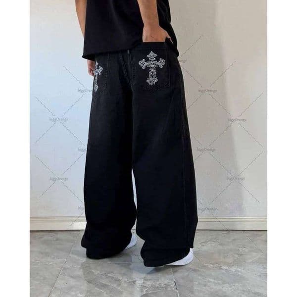 Retro Hip hop streetwear Men Gothic Punk fashion Wide-leg jeans Trend skull pocket embroidered baggy high-waisted pants X260207