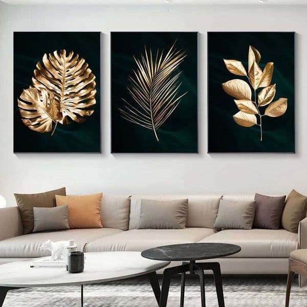 3PCS Frameless Artwork Poster Abstract Gold Tropical Monstera Palm Leaves Canvas Painting Black Wall Art Pictures for Home Decor 26Y0207