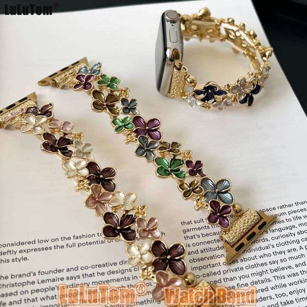 Flowery Metal Strap For Apple Watch Band 38mm 40 41 44 42 45 49mm Woman Fashion Bracelets iWatch Series 9 8 7 6 5 4 3 SE Ultra 2 Z260207