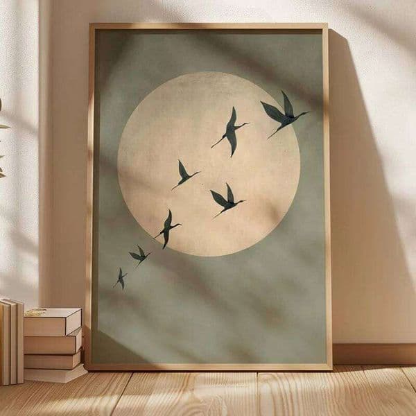 Sage Green Japandi Art Print - Large Abstract Sun Flying Birds Wall Art, Frameless Canvas for Living Room and Bedroom Decor 26Y0207