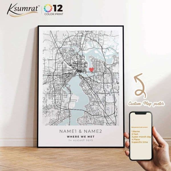 Modern Personalization Custom City Map Couple Anniversary Where We Met Wall Art Framed Print Picture Living Home Decor Gift No frame 26W0207