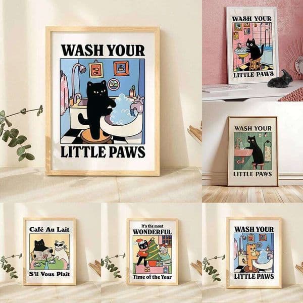 Cute Wash Paws Cat Canvas Print Kawaii WashRoom Bathroom Nursery Wall Art Poster for Modern Living Room Bedroom Home Decor No frame 26W0207