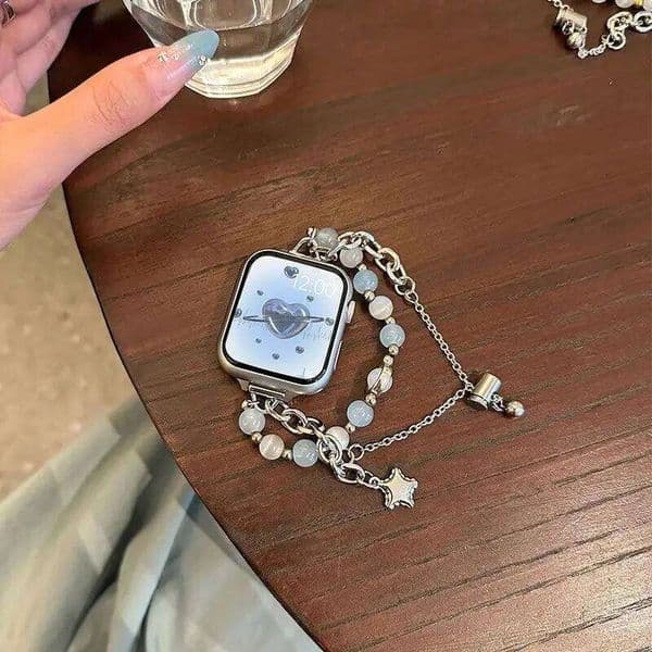 Transparent blue double chain cat eye stone bead compatible iWatch 38mm 40mm 41mm 42mm 44mm 45mm 49mm handmade strap Z260207