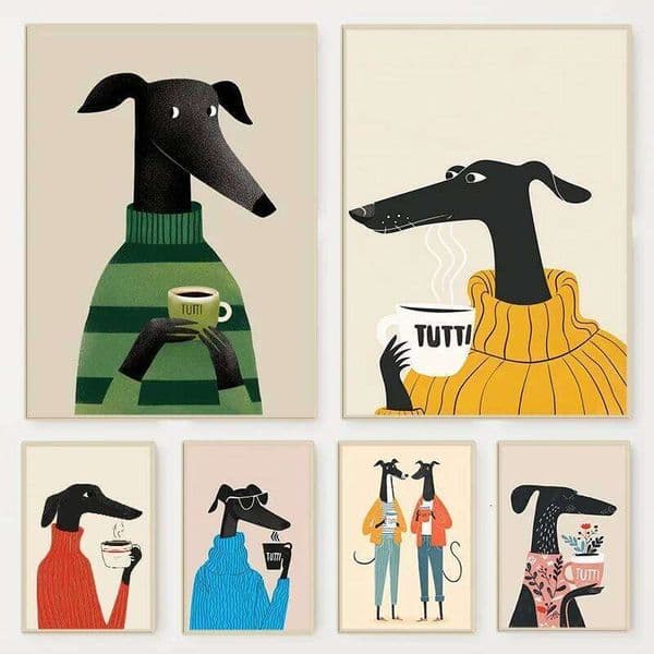 Modern Whimsical Animal Greyhound Print Poster Colorful Cute Dog Coffee Canvas Painting Wall Art for Living Room Home Decoration No 26W0207