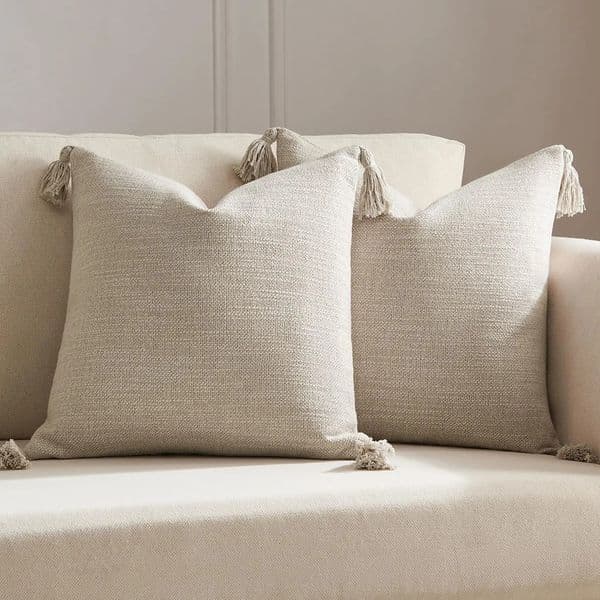 Pillow Case Set of 2 Linen Pillow Covers 18x18 with TasselsLinen Look Decorative Throw Cushion for Sofa CouchFarmhouse Home Decor 260122BJ