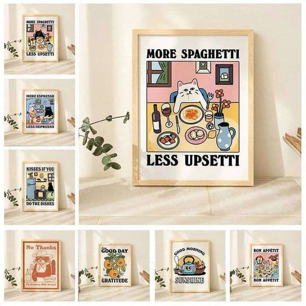 Spaghetti & Less Regretful Canvas Print Retro More Espresso Cat Kitchen Wall Art Poster for Living Room Cafe Home Decor No frame 26W0207