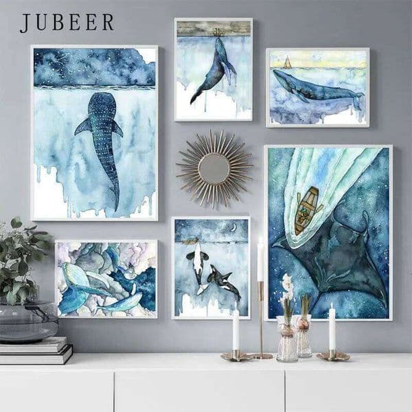 Nordic Style Whale Canvas Painting Watercolor Sea Animals Posters and Prints for Living Room Wall Art Home Decorative Picture 26Y0207