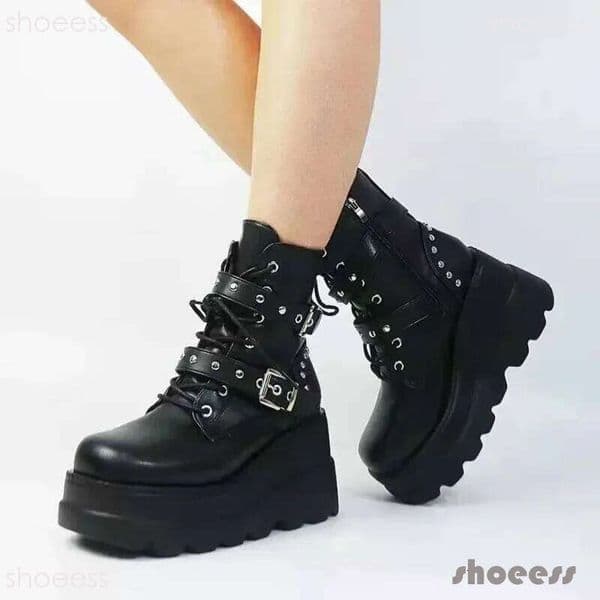 2026 New Women Pu Leather Ankle Booties Autumn Winter Round Toe Lace Up Shoes Woman Motorcycle Platform Gothic Boots Cosplay