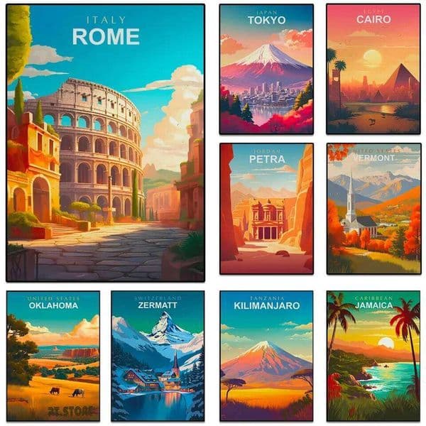 World Cities Posters Prints Rome Japan Paris Travel Landmark Landscape Canvas Painting Wall Art Living Room Home Decor No frame 26W0207