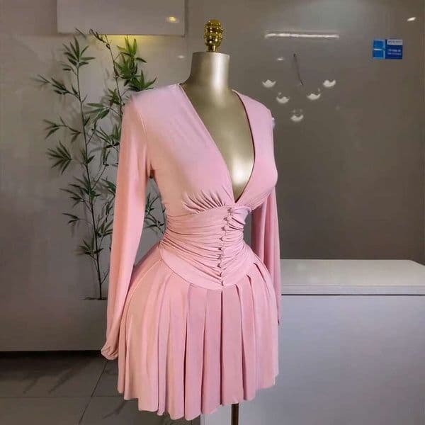 Women's foreign trade V-neck long-sleeve dress, French style, slim fit, waist-cinching, slimming, pleated short dress