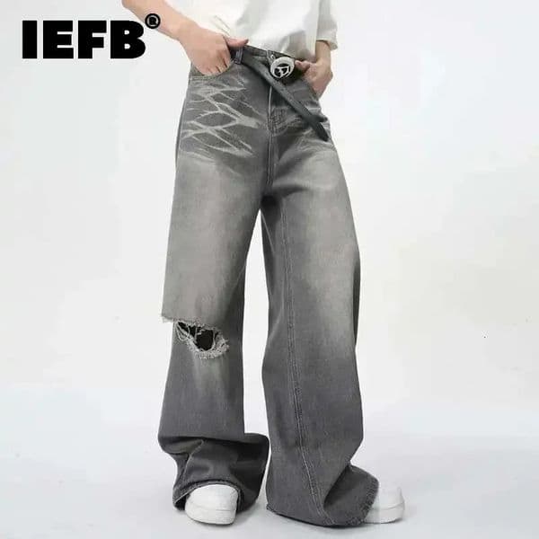 IEFB Summer Mens Wear Jeans Straight Wide Leg Denim Pants Casual Loose Contrast Color Male Bottoms Clothing 9C5977 260207BJ
