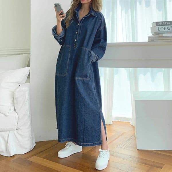 Long Dress Women Denim Dresses Turn Down Collar A Line Vestidos Maxi Mom Jeans Streetwear Casual Loose Y2k Summer 2025 Party 260123