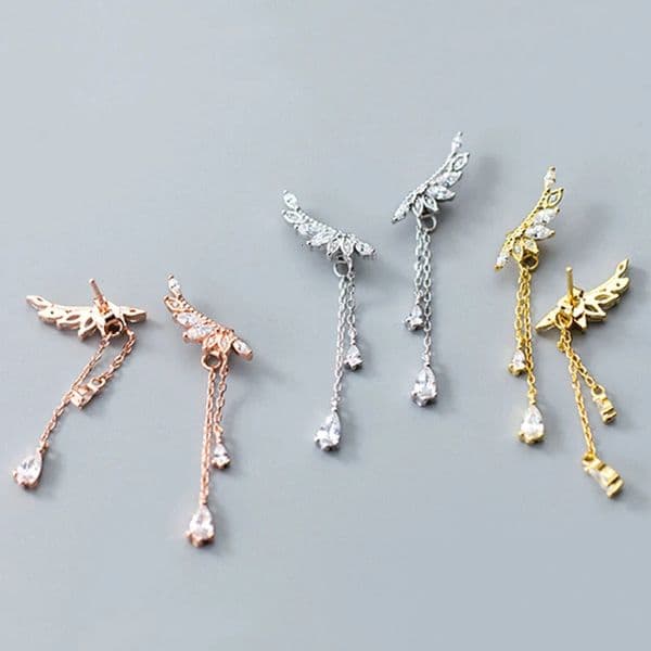 100 925 Sterling Silver Fashion Shiny Crystal Angel Wings LadiesLong Drop Earrings Women Jewelry Female Christmas Gift 260207BJ