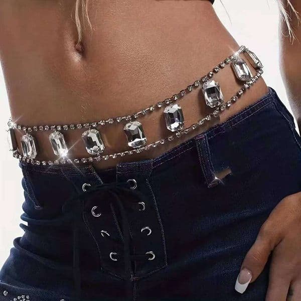 Hot selling simple and fashionable shiny large glass pendant waist chain, women's sexy super sparkling rhinestone body chain acc X260209
