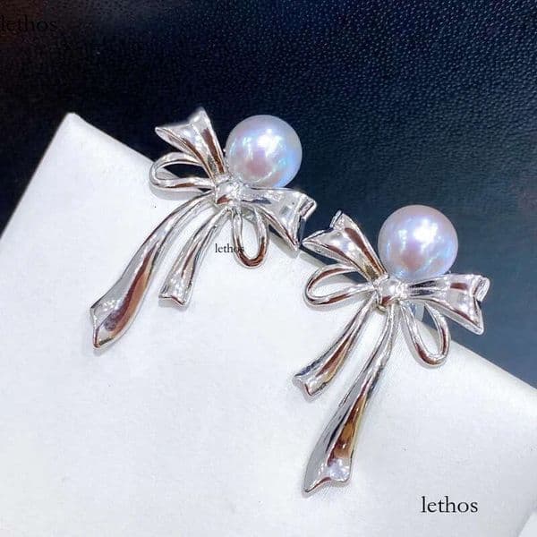 22090711 Diabox -Jewelry earrings ear studs blue PEARL sterling sier bow knot ribbon akoya 6.5-7 mm round pendant charm gift idea girl b2