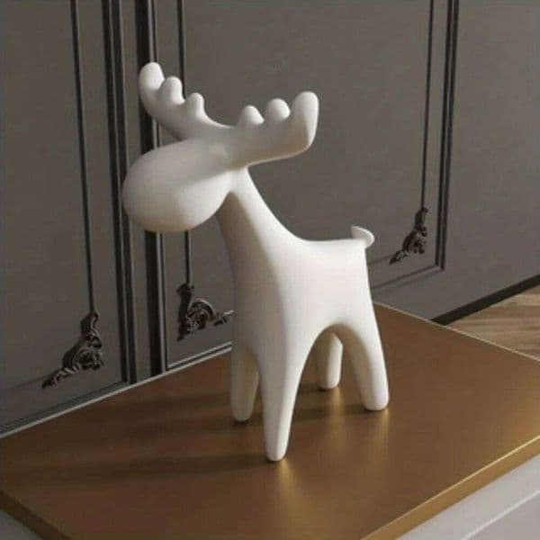 White Modern Minimalist Deer Statue - Elegant Small Stag Sculpture with Large Antlers, Cute Plastic Animal Decor for Home 26H0209