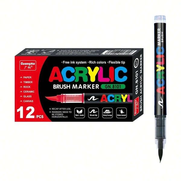12 Black/White Acrylic Soft Head Markers Painted Wood Ceramic DIY Box Gfit Marker Set Festival Art Supply 26W0209