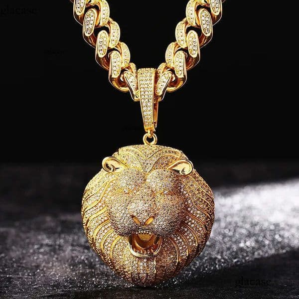 Hip Hop Large Lion Head Pendant Necklace TopBling 5A Zircon Real Gold Plated Mens Jewelry f7