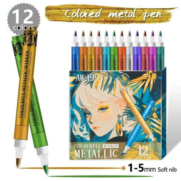 12 Colors Metallic Acrylic Markers Paint Pens for Black Paper, Glass, Rock Painting, Halloween Pumpkin Scrapbook Album 26W0209