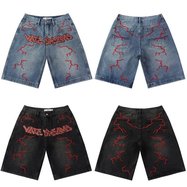 Skittle Printed Colorful Letter Lightning Embroidery Denim Washed Loose Shorts for Men Harajuku Streetwear Baggy Jeans Oversized 260208