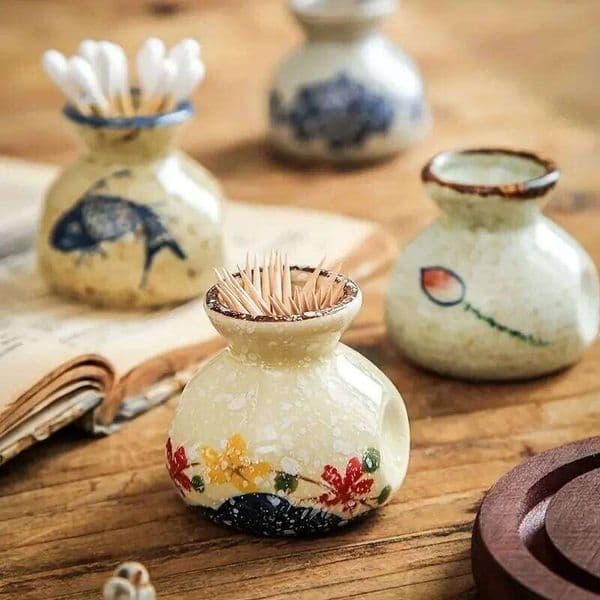 Japanese Style Ceramic Holder Mini Retro Cotton Swab Storage Jar Simple Small Vases Decor Toothpick Dispenser Box 26L0209