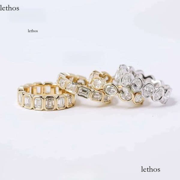 Luster Unique Wedding Eternity Band Sier 14k Gold Bezel Set 3x5mm Emerald Cut Moissanite Oval Ring for Women e2