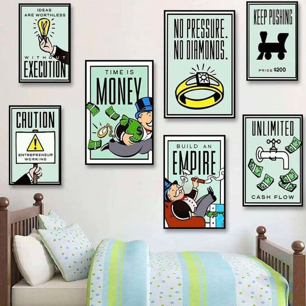 JRG Monopoly Millionaire Money Canvas Decorative Painting Motivational Quote Art Poster Cartoon Figure Mural Home Wall Decor Picture No 26W0207