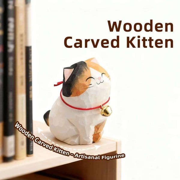 Hand Carved Wooden Calico Figurine,Cute Animal Desk Decor,Table Ornament,Lucky Cat Statue,Gift for Birthday&Valentine's Day 26H0209