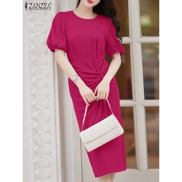 ZANZEA 2025 Women Pleated Dress Fashion Short Sleeve Sundress Elegant Office Work Vestidos Casual Loose Mid-Calf Robe Femme H260210