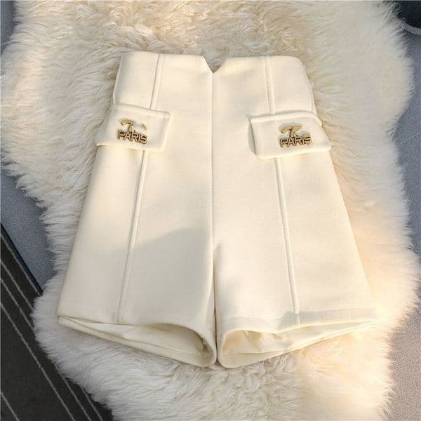 Women's high waist letter logo patched woolen shorts boot cut pants SMLXLXXL