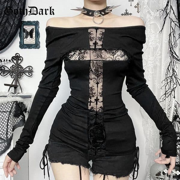Goth Dark Sexy Lace Patchwork Cross Long Sleeve Pulloves T-shirts Cyber Y2K Women Streetwear Mall Gothic Slim Tops Alt T-shirt 260207