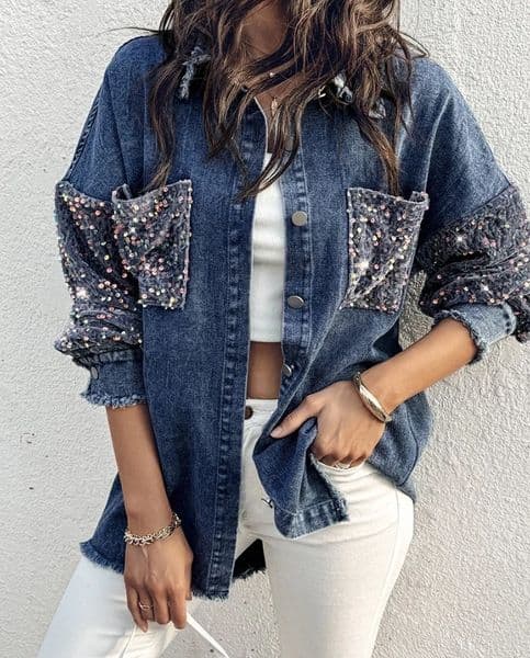 Shacket Jackets for Women Flip Collar Contrast Sequin Long Sleeved Tassel HemWomens Denim Jacket Fashionable Casual Style 260120