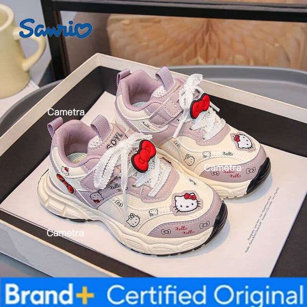 Sanrio Kids'Casual Sneakers Cartoon Hello Kitty Bow PU Leather Spring Shoes For Girls Anti-slip Breathable Pink gray Sh H260210