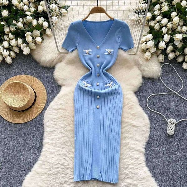 YuooMuoo Chic Fashion Sexy Wrap Hips Knitted Women V-neck Short Sleeve Bodycon Pleated Sweater Dress Office Lady Vestios 26W0210