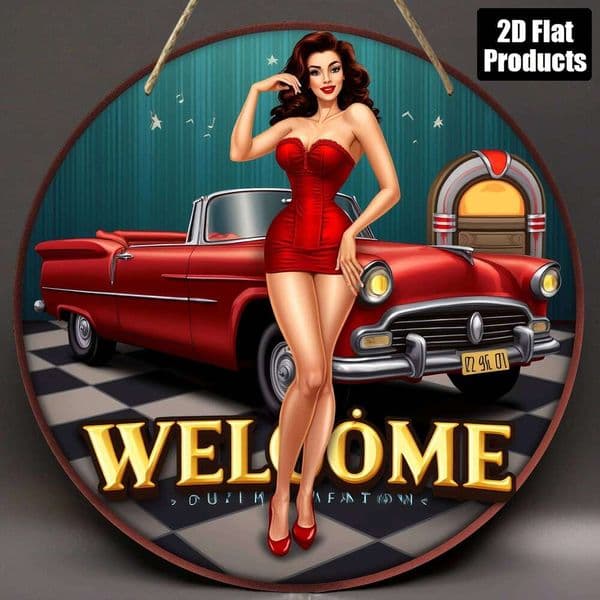 Vintage Round Metal Wall Art "Welcome" Sign Retro Home Bar Decor 20x20in 26L0210