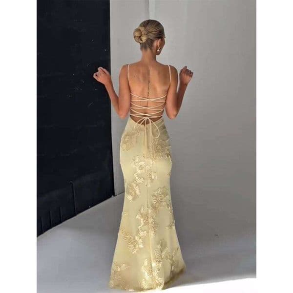 Pale Yellow Print Backless Bandage Dress Women Chic Sleeveless Off Shoulder High Waist Slim Fit Robes Lady Evening Party Gowns 26W0210 26W0210
