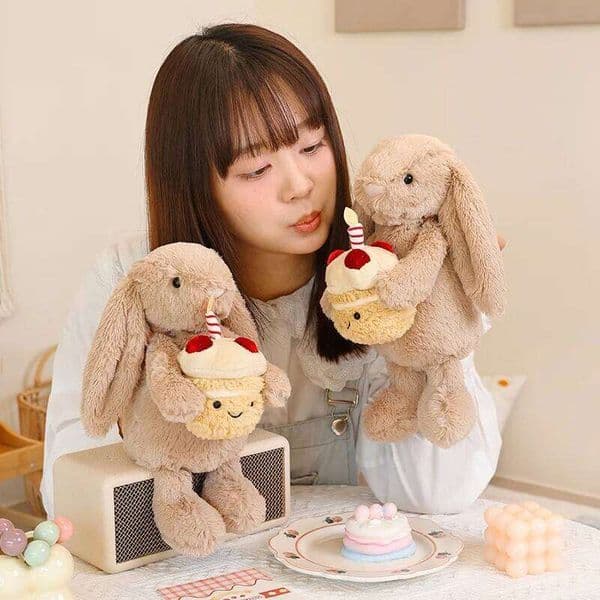 2026 New 31cm Bonnie Rabbit Holding Cake Plush Animals Cute Bunny Accompanying Doll Easter Gift Kids Birthday Decors 26W0211