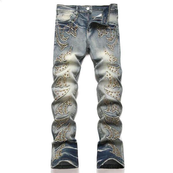 Men Slim Boot Cut Denim Jeans Punk Rivet Patch Stretch Pants Streetwear Blue Flared Trousers 260206BJ