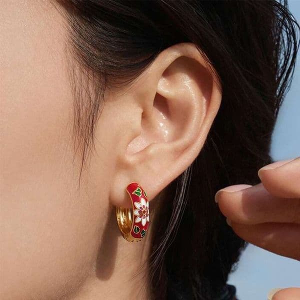 Stylish Elegant Women's Earrings Chinese Style China Trend Stainless Steel Gold-plated Hoop With Colorful Floral Enamel Accents Fashionable Classic