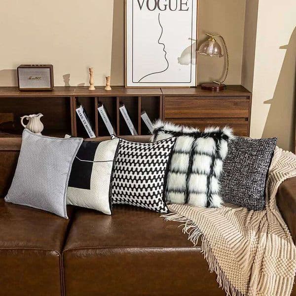 Ins Style Faux Fur Plush Pillow, Living Room Sofa, Black and White Stickers, Embroidered Cushion, Bedroom Headboard Pillowcase 26L0211